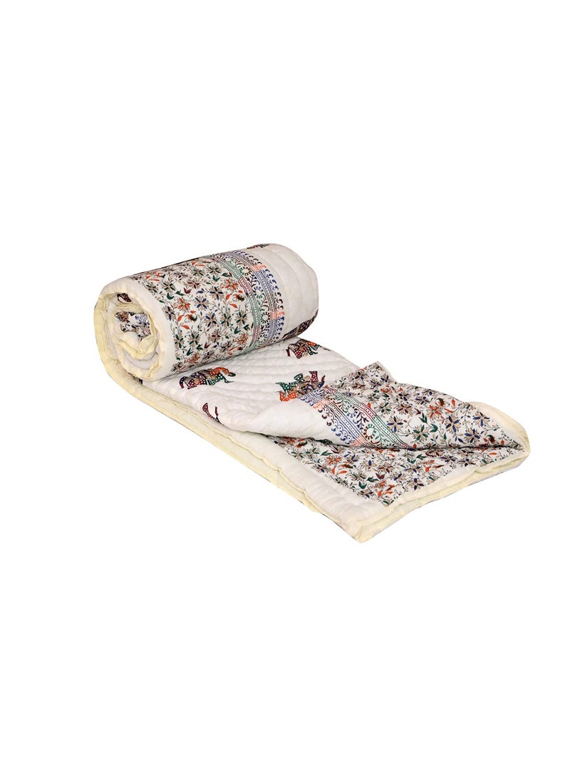 THROW KING Rajasthani Jaipuri Pure Cotton Hand Block Printed with ElephantFloral Desinge Jaipuri RazaiRajaiQuiltBlanketDoharDouble