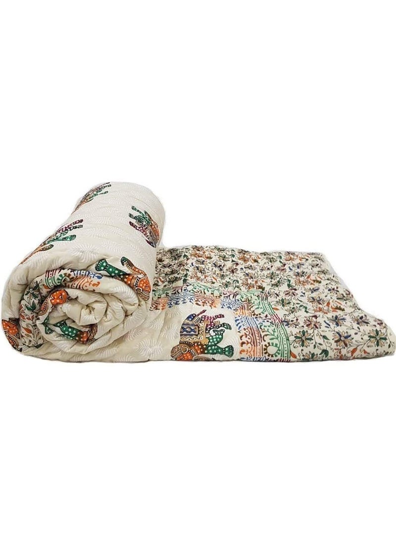 THROW KING Rajasthani Jaipuri Pure Cotton Hand Block Printed with ElephantFloral Desinge Jaipuri RazaiRajaiQuiltBlanketDoharDouble