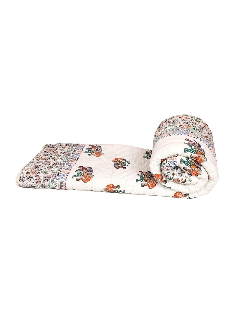 THROW KING Rajasthani Jaipuri Pure Cotton Hand Block Printed with ElephantFloral Desinge Jaipuri RazaiRajaiQuiltBlanketDoharDouble