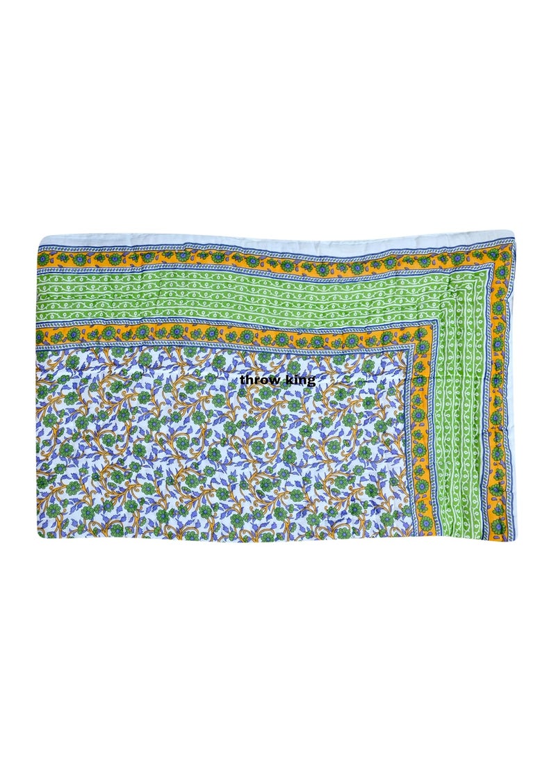 THROW KING Rajasthani Jaipuri Pure Organic Cotton Floral Printed Skin Friendly Single Bed Jaipuri RazaiRajaiQuiltBlanketDoharPinkGreen Set of 2