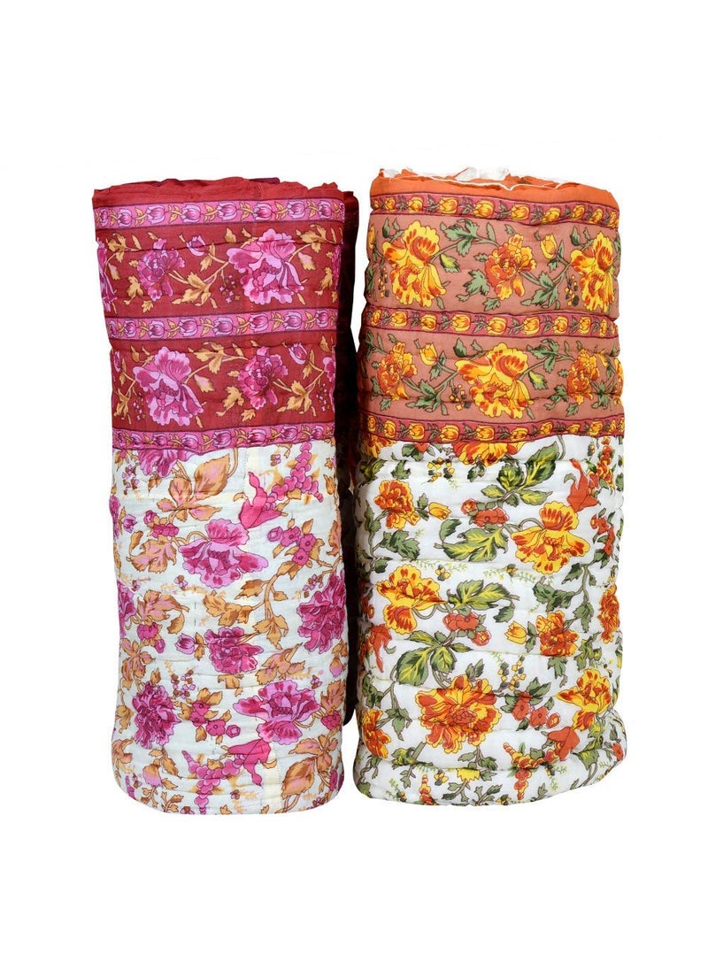 THROW KING Rajasthani Jaipuri Pure Organic Cotton Floral Printed Skin Friendly Single Bed AC Rooms Blanket Jaipuri RazaiRajaiQuiltBlanketDohar BeigePink Pack of2