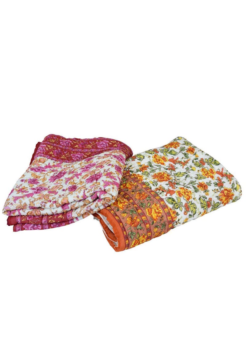 THROW KING Rajasthani Jaipuri Pure Organic Cotton Floral Printed Skin Friendly Single Bed AC Rooms Blanket Jaipuri RazaiRajaiQuiltBlanketDohar BeigePink Pack of2