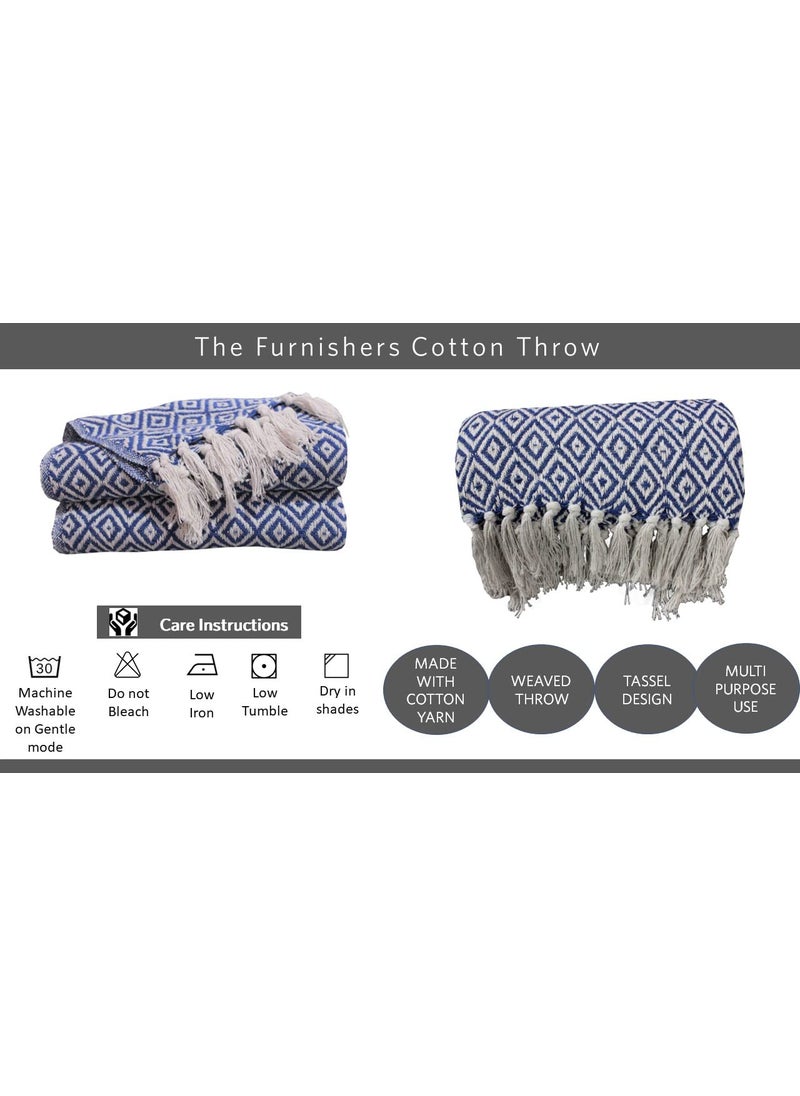 The Furnishers Reversible Blue Argyle Pattern Woven Cotton Large Throw 98x87 Inch Blanket Living Room Bedroom Sofa Couch Bed Chair Blue White Size 250x220 CM