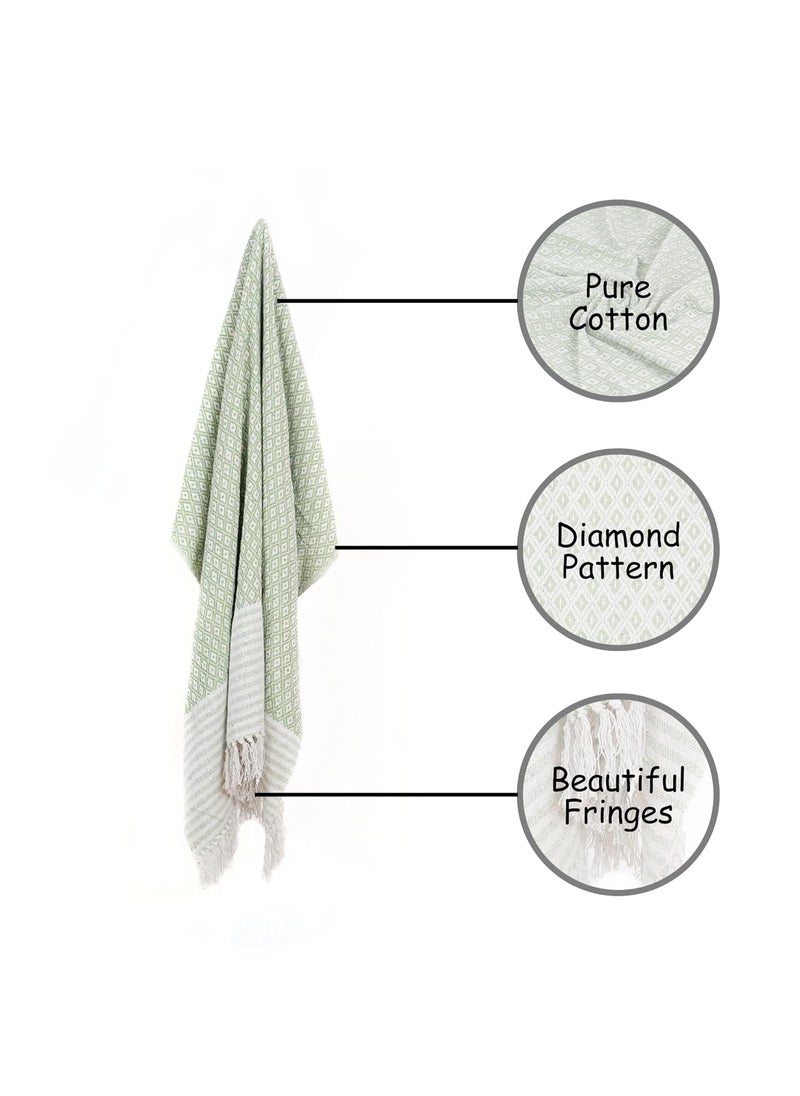 FOLK CRAFT Throw Blanket for Bed Pure Cotton Soft Blanket with Tassels for Couch Home Decor Items for Living Room Diamond Olive Green 50x60 Inches