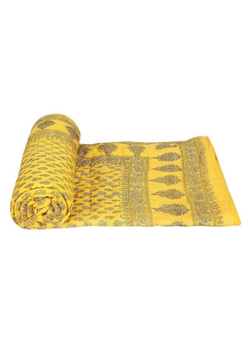 THROW KING Rajasthani Jaipuri Pure Organic Cotton DabuFloral Printed Skin Friendly Single Bed Jaipuri RazaiRajaiQuiltBlanketDoharYellowPink Set of 2