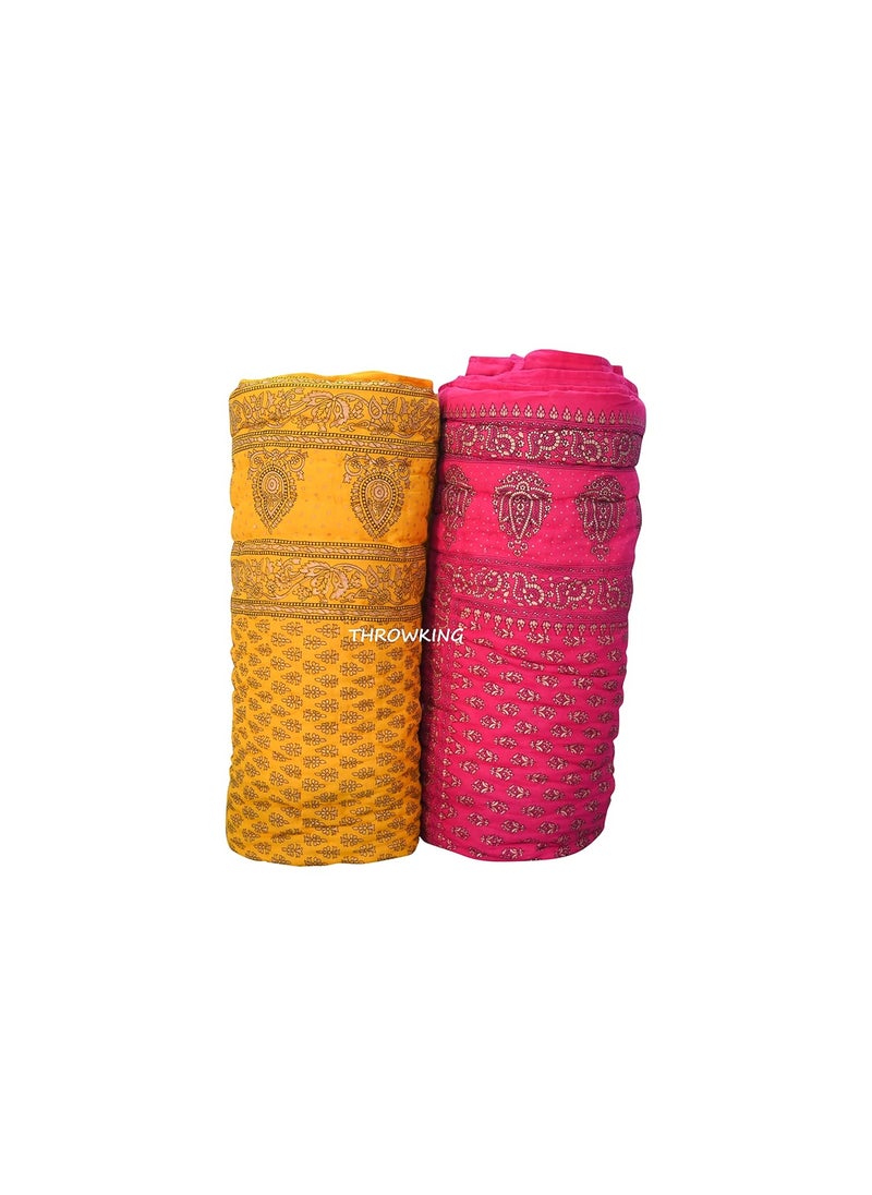 THROW KING Rajasthani Jaipuri Pure Organic Cotton DabuFloral Printed Skin Friendly Single Bed Jaipuri RazaiRajaiQuiltBlanketDoharYellowPink Set of 2
