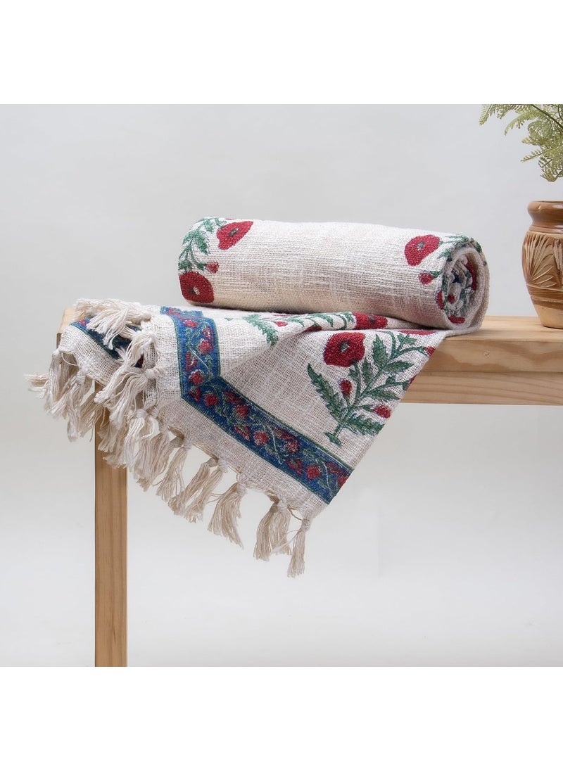 DMAASA Pure Cotton Cherry Red Purple Floral Printed Sofa Throw Blue Bordered 50x70 Inch 127x178 cm Tasseled Decorative Throw Blanket for Sofa Couch Chair and More Lightweight Breathable