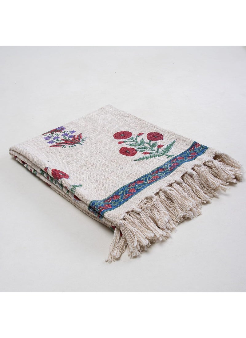 DMAASA Pure Cotton Cherry Red Purple Floral Printed Sofa Throw Blue Bordered 50x70 Inch 127x178 cm Tasseled Decorative Throw Blanket for Sofa Couch Chair and More Lightweight Breathable