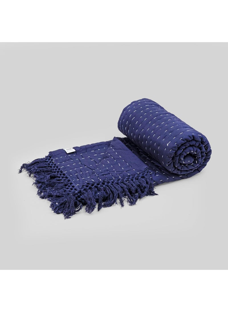 HOMEMONDE Kantha Throw 50x60 Soft Cotton Blanket with Fringe Navy Blue