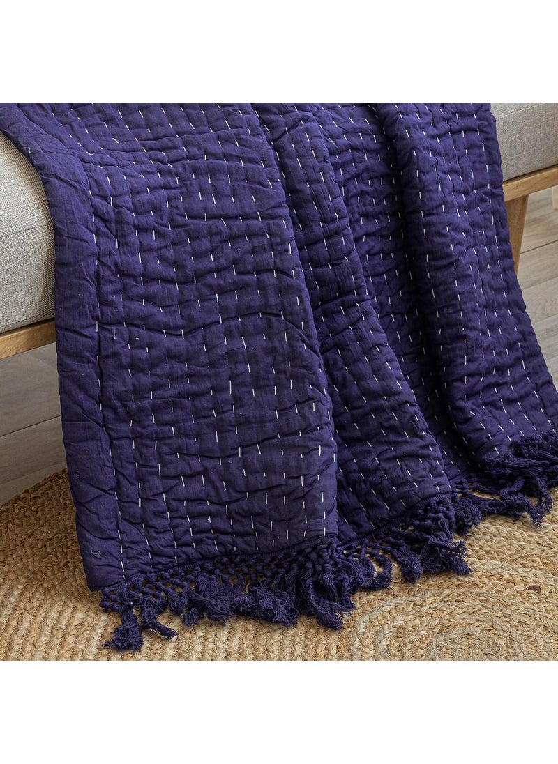 HOMEMONDE Kantha Throw 50x60 Soft Cotton Blanket with Fringe Navy Blue
