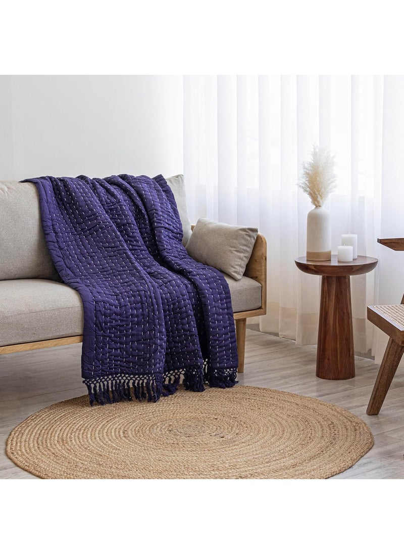 HOMEMONDE Kantha Throw 50x60 Soft Cotton Blanket with Fringe Navy Blue