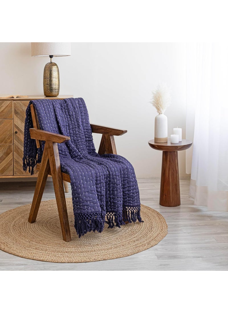 HOMEMONDE Kantha Throw 50x60 Soft Cotton Blanket with Fringe Navy Blue