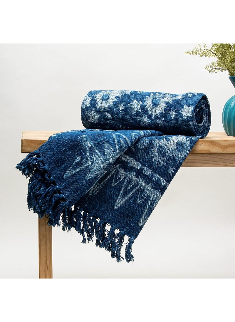 DMAASA Cotton Indigo Printed Throw Blanket 50x70 Inches Soft Lightweight Decorative Blanket for Couch Bed and Living Room Cozy Stylish Home Decor Flower