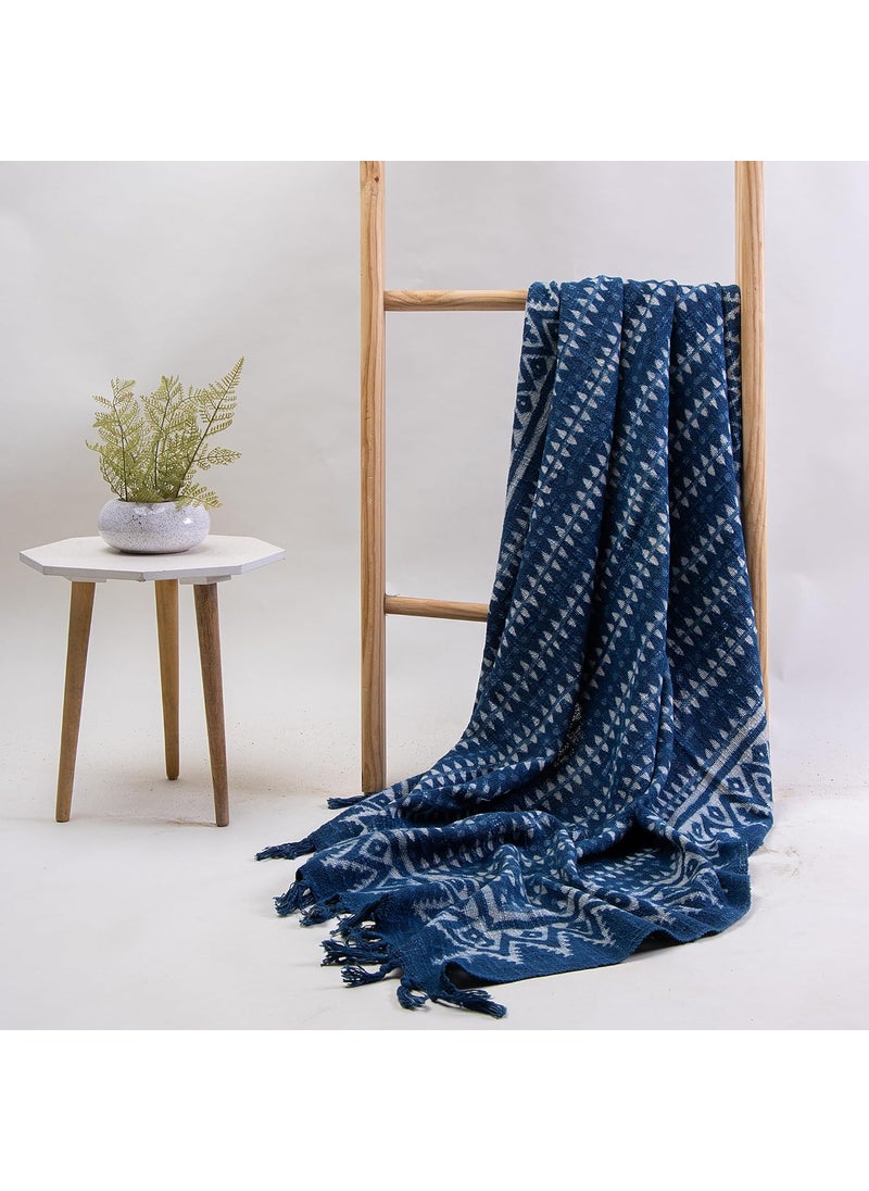 DMAASA Cotton Indigo Printed Throw Blanket 50x70 Inches Soft Lightweight Decorative Blanket for Couch Bed and Living Room Cozy Stylish Home Decor Striped Lining