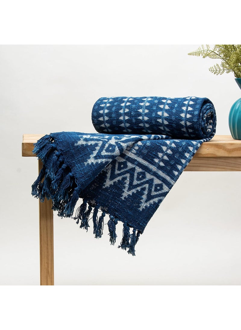 DMAASA Cotton Indigo Printed Throw Blanket 50x70 Inches Soft Lightweight Decorative Blanket for Couch Bed and Living Room Cozy Stylish Home Decor Striped Lining
