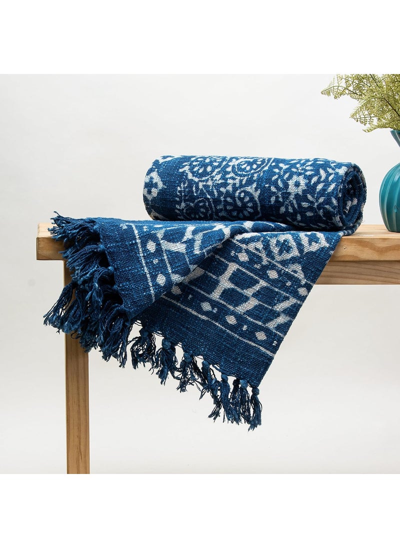 DMAASA Cotton Indigo Printed Throw Blanket 50x70 Inches Soft Lightweight Decorative Blanket for Couch Bed and Living Room Cozy Stylish Home Decor Floral