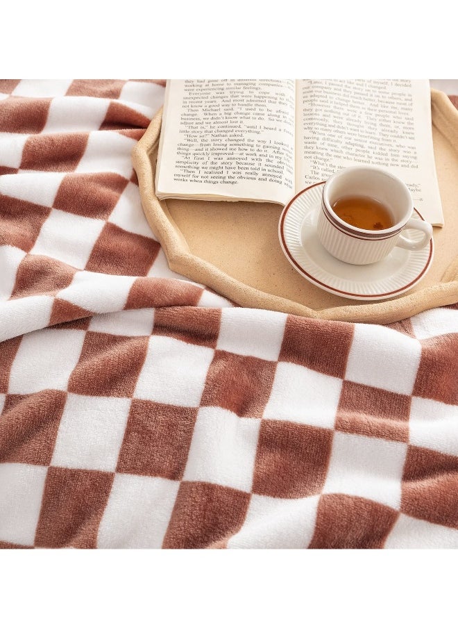 Soft Throw Blanket, Reversible Checkerboard Caramel, Warm Cozy Fluffy Plush Lightweight Blanket for Couch, Sofa, Bed