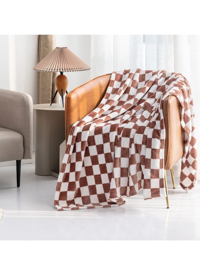 Soft Throw Blanket, Reversible Checkerboard Caramel, Warm Cozy Fluffy Plush Lightweight Blanket for Couch, Sofa, Bed