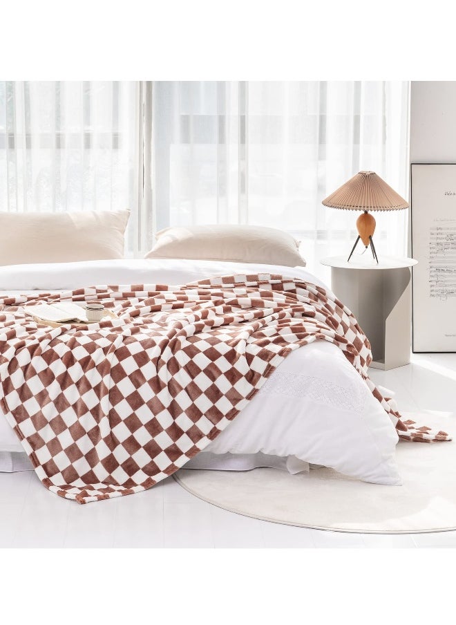 Soft Throw Blanket, Reversible Checkerboard Caramel, Warm Cozy Fluffy Plush Lightweight Blanket for Couch, Sofa, Bed