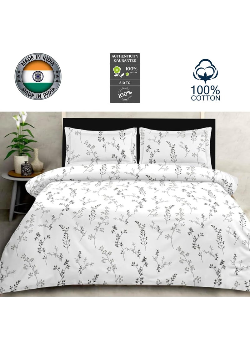 beddingNdecor Bedsheet for Double Bed King Size Home Decor Bedsheets Cotton Bedsheets Super King Size 108 x 108 inches 210TC Cotton 1 Flat Cotton Bedsheet with 2 Pillow Covers Floret White Grey