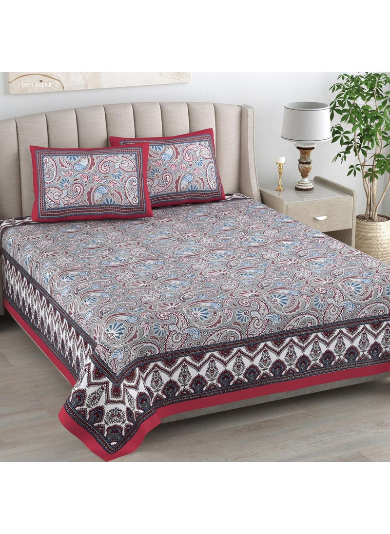 Urban Jaipur 100 Cotton King Size Bedsheet for Double Bed 240 TC Bedsheet with 2 Pillow Covers 95x108 inches 241x274 cm Jaipuri Design Paisley Print Red