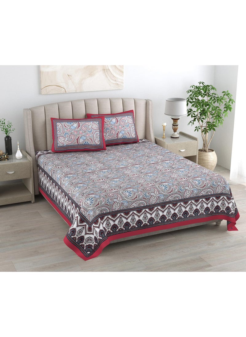 Urban Jaipur 100 Cotton King Size Bedsheet for Double Bed 240 TC Bedsheet with 2 Pillow Covers 95x108 inches 241x274 cm Jaipuri Design Paisley Print Red