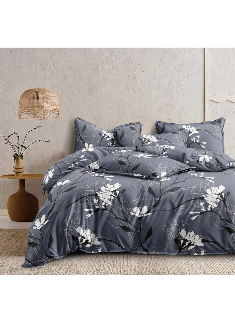DECOR2ADMIRE 300TC Glace Cotton Printed Super King Size Double Bedsheet with Two Pillow Covers 108 x 108 Inches or 9 Feet x 9 Feet Grey Floral