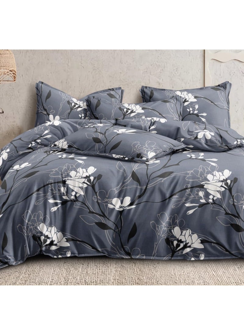 DECOR2ADMIRE 300TC Glace Cotton Printed Super King Size Double Bedsheet with Two Pillow Covers 108 x 108 Inches or 9 Feet x 9 Feet Grey Floral