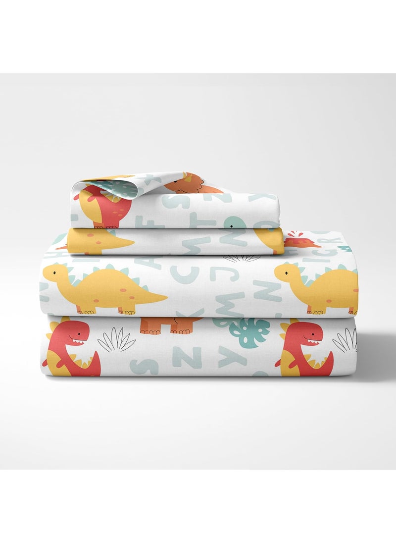 LORETO A QUALITY LINEN BRAND 100 Pure Cotton Bedsheet for Single Bed 144TC Soft Breathable Single Bed Sheet with Pillow Cover Orange Mint Alphabet Dino Play 54 x 84 Inches