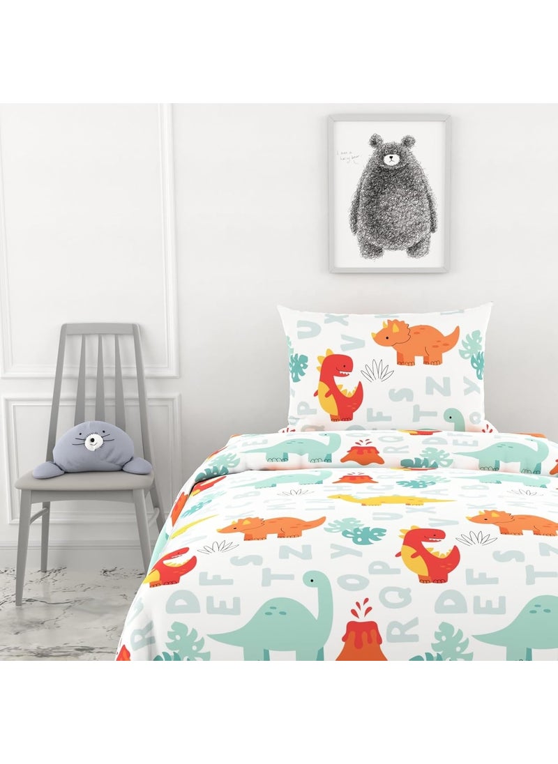 LORETO A QUALITY LINEN BRAND 100 Pure Cotton Bedsheet for Single Bed 144TC Soft Breathable Single Bed Sheet with Pillow Cover Orange Mint Alphabet Dino Play 54 x 84 Inches