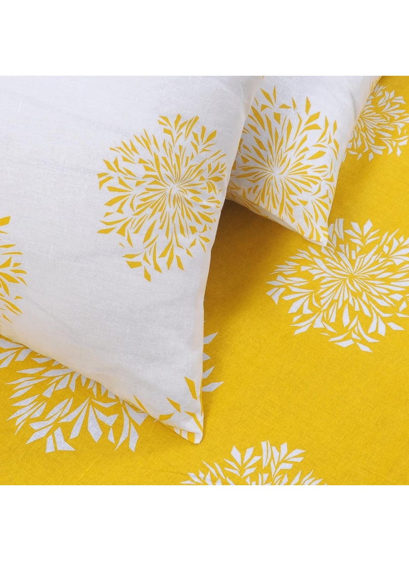 Huesland by Ahmedabad Cotton 144 TC Fitted Sheet Double Bed Cotton with 2 Pillow Covers 60 x 78 inches Yellow White