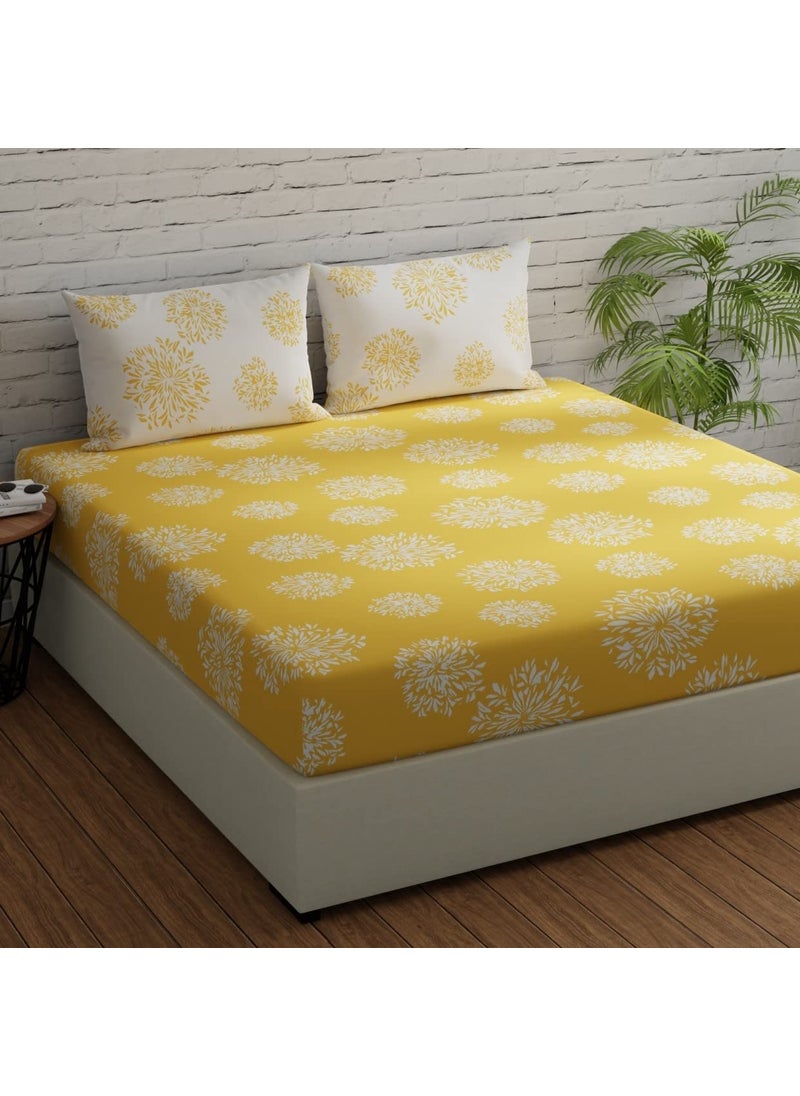 Huesland by Ahmedabad Cotton 144 TC Fitted Sheet Double Bed Cotton with 2 Pillow Covers 60 x 78 inches Yellow White