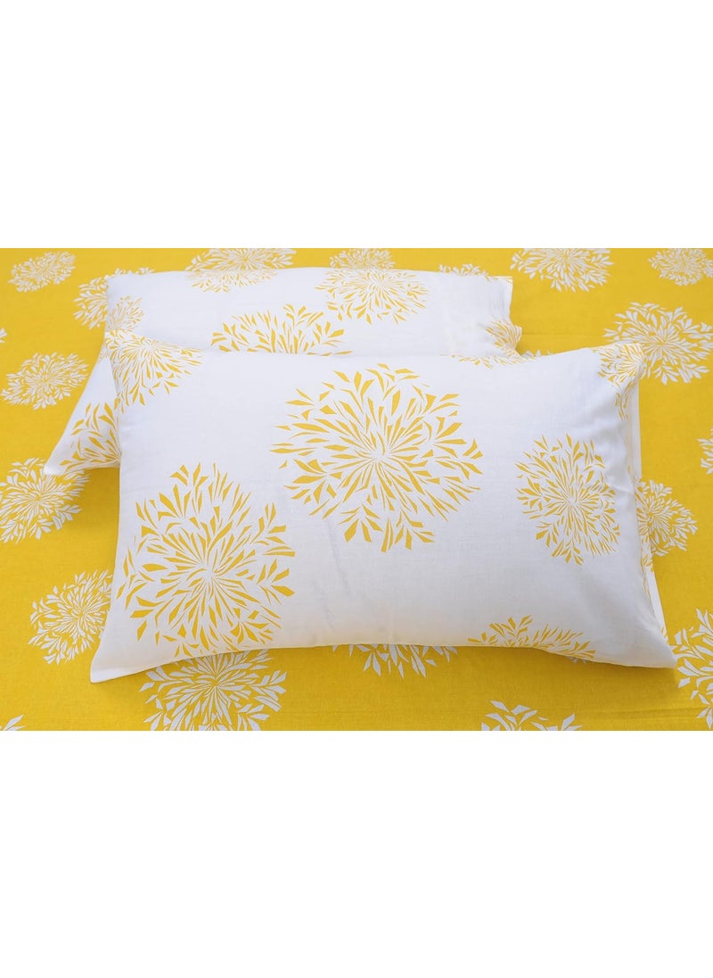 Huesland by Ahmedabad Cotton 144 TC Fitted Sheet Double Bed Cotton with 2 Pillow Covers 60 x 78 inches Yellow White