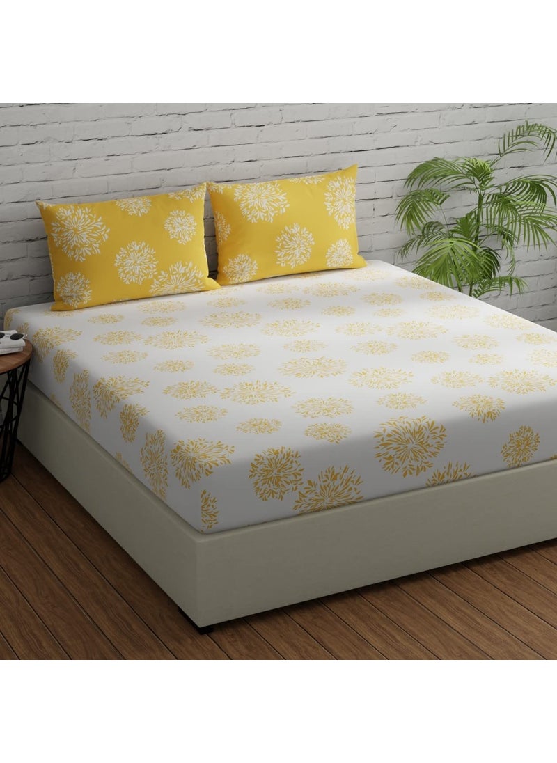 Huesland by Ahmedabad Cotton 144 TC Fitted Bedsheets Queen Size Cotton with 2 Pillow Covers Color 5ft x 65ft White Yellow
