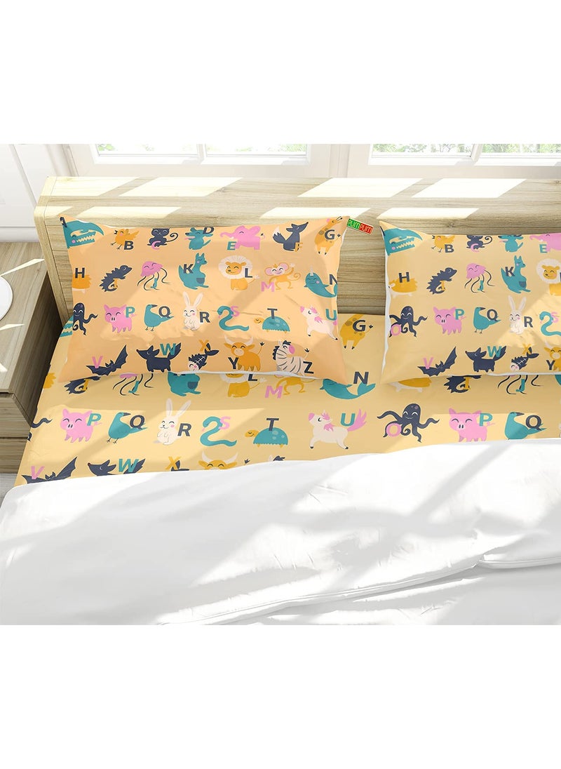 PumPum Collection Kids Boys Girls Teens Children Soft Comfortable Printed Combo Flat Micro Cotton Single Bedsheet Pack of 2Dinosaur ABCD