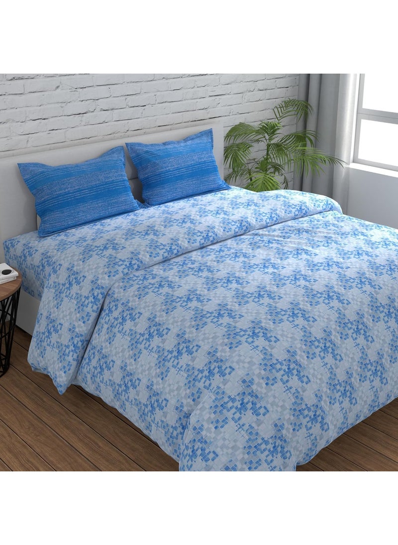 Huesland by Ahmedabad Cotton 144 TC King Size Bed Sheet Cotton with 2 Pillow Covers Grid 108 x 108 inches Blue Grey White