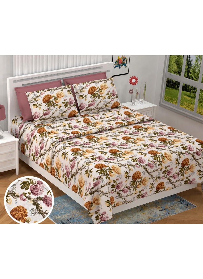 Bilberry Furnishing By Preeti Grover 100 Cotton Floral Printed King Size Bedsheet 108 x 108 Inches with 2 Matching Pillow Covers with 180 TC Yellow Pink