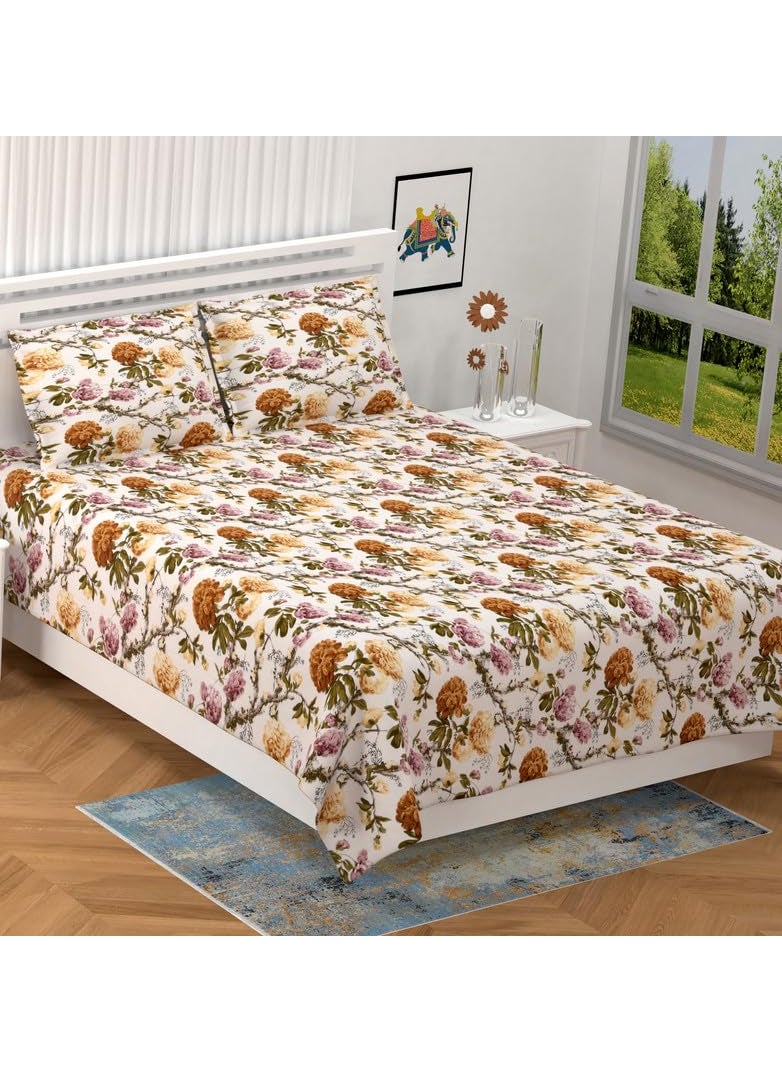 Bilberry Furnishing By Preeti Grover 100 Cotton Floral Printed King Size Bedsheet 108 x 108 Inches with 2 Matching Pillow Covers with 180 TC Yellow Pink