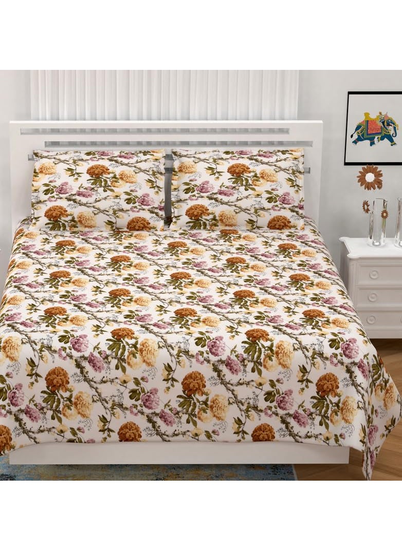 Bilberry Furnishing By Preeti Grover 100 Cotton Floral Printed King Size Bedsheet 108 x 108 Inches with 2 Matching Pillow Covers with 180 TC Yellow Pink