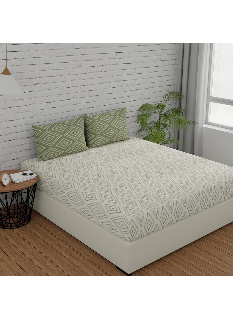 Huesland by Ahmedabad Cotton 144 TC Fitted Bedsheets Queen Size Cotton with 2 Pillow Covers 60 x 78 inches White Sage Green