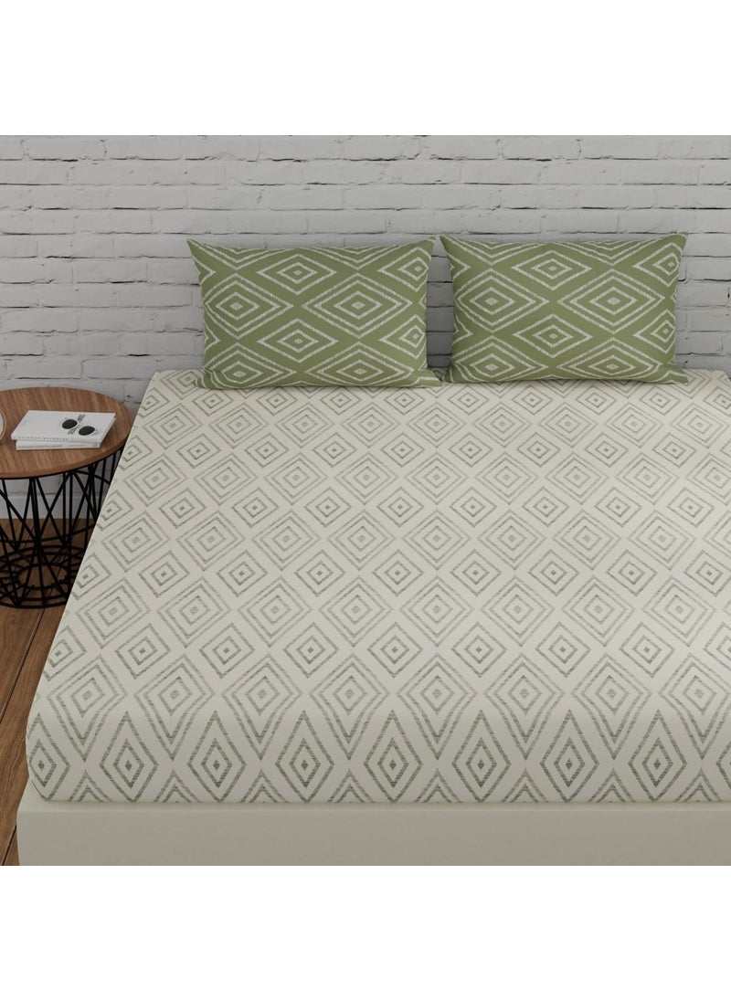 Huesland by Ahmedabad Cotton 144 TC Fitted Bedsheets Queen Size Cotton with 2 Pillow Covers 60 x 78 inches White Sage Green