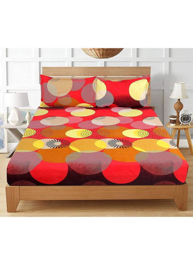MORADO 3D Printed 144 TC Glace Cotton Double Bedsheet with 2 Pillow Covers Cream Red and Blue Circle 90X90 Inches