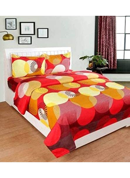 MORADO 3D Printed 144 TC Glace Cotton Double Bedsheet with 2 Pillow Covers Cream Red and Blue Circle 90X90 Inches