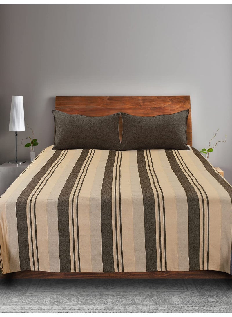 Saral Home Soft Cotton Striped Breathable Wrinkle Free Bedsheet for Double Bed 1 Queen Size Bedsheet with 2 Pillow Covers Brown 90X100