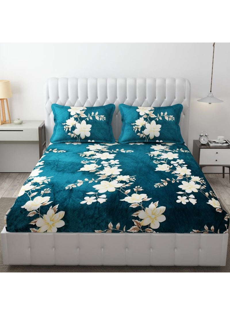 REALDREAM 310 TC Presents Luxurious Bedsheets for Winter King Size Fitted FlannelWarm Double Bedsheet Fully Elasticized with 2 Pillow Covers GreenFlower 72 x 78 x 8 Inches King