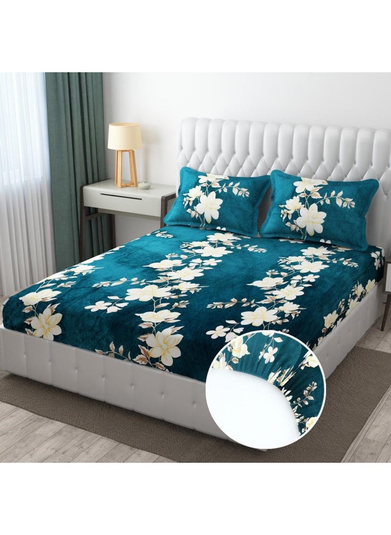 REALDREAM 310 TC Presents Luxurious Bedsheets for Winter King Size Fitted FlannelWarm Double Bedsheet Fully Elasticized with 2 Pillow Covers GreenFlower 72 x 78 x 8 Inches King
