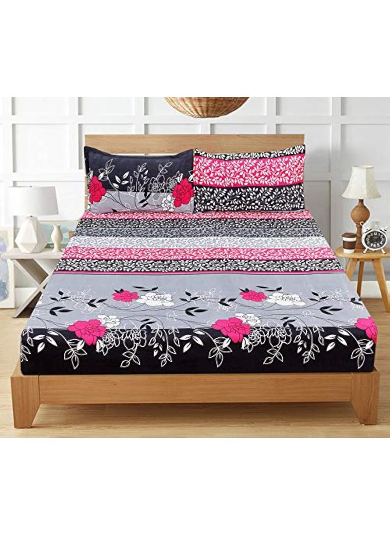 MORADO 3D Printed 144 TC Glace Cotton Double Bedsheet with 2 Pillow Covers Grey and Pink Flower 90X90 Inches