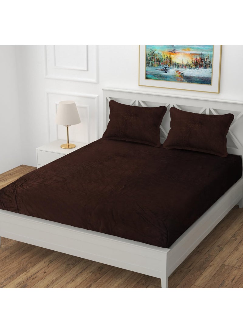 Real Dream Warm Bedsheet for Double Bed Elastic Velvet Warm Winter Solid Flannel Elastic Fitted Bedsheets for Double Bed King Size with 2 Pillow Covers Coffee King 72 x 78 x 8 Inches