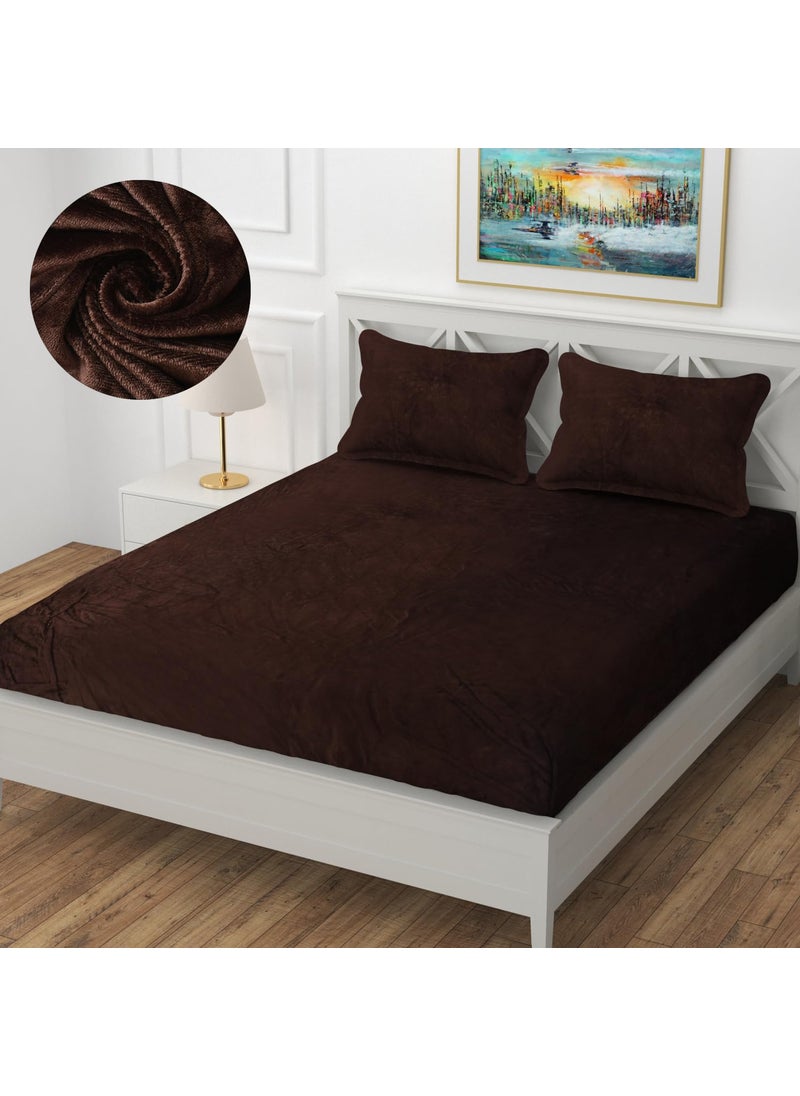 Real Dream Warm Bedsheet for Double Bed Elastic Velvet Warm Winter Solid Flannel Elastic Fitted Bedsheets for Double Bed King Size with 2 Pillow Covers Coffee King 72 x 78 x 8 Inches