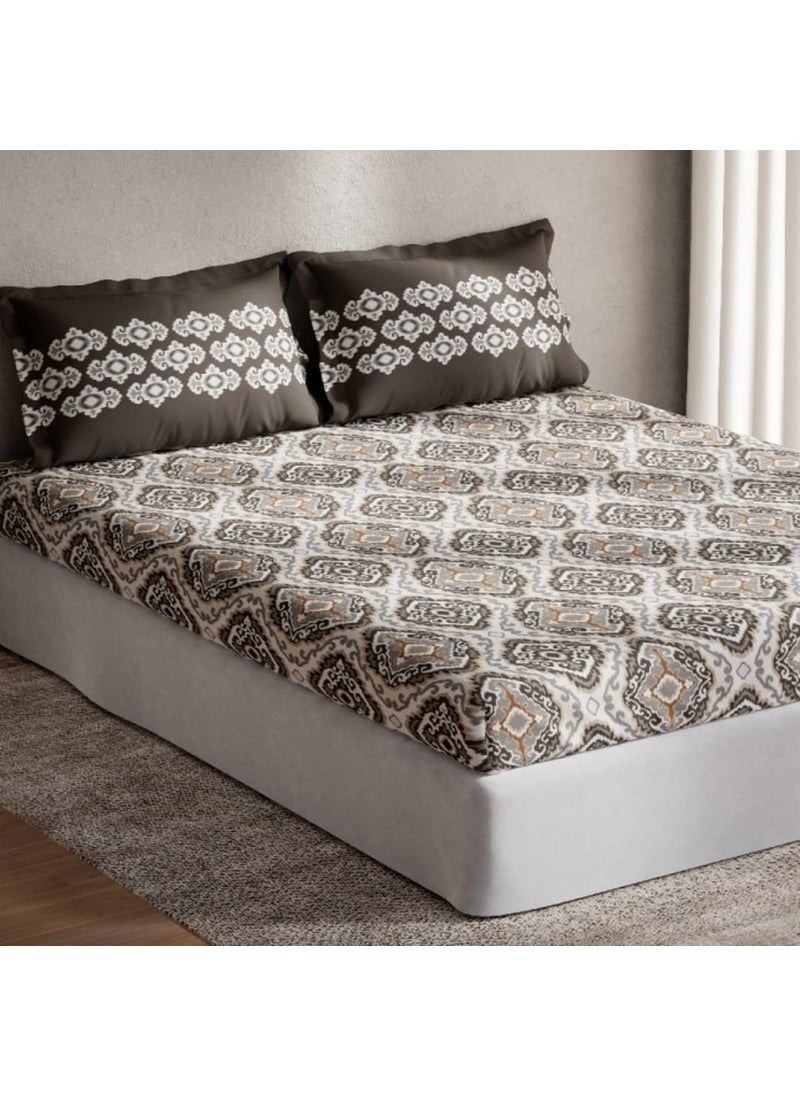 DDECOR Ethnic King Fitted Bedsheet with 2 Pillow Covers Graphite Grey